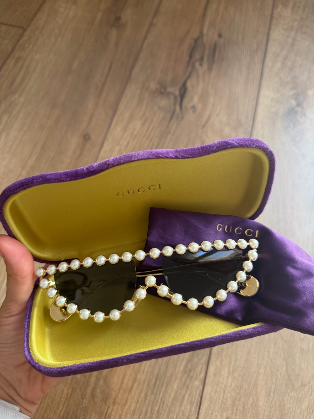 Gucci Pearl-Trim Cat Eye Sunglasses - Purple/Gold